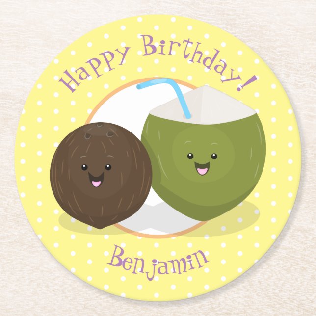 Cute happy kawaii coconuts cartoon illustration round paper coaster (Front)