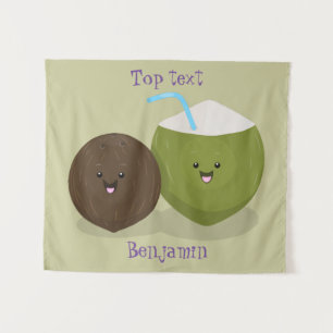 Cute happy kawaii coconuts cartoon illustration  tapestry