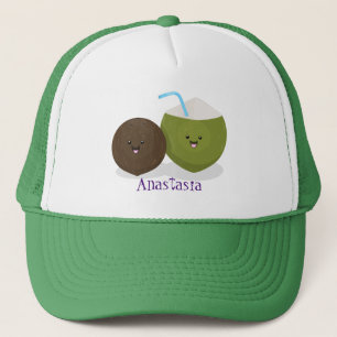Cute happy kawaii coconuts cartoon illustration trucker hat