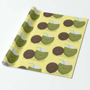 Cute happy kawaii coconuts cartoon illustration wrapping paper