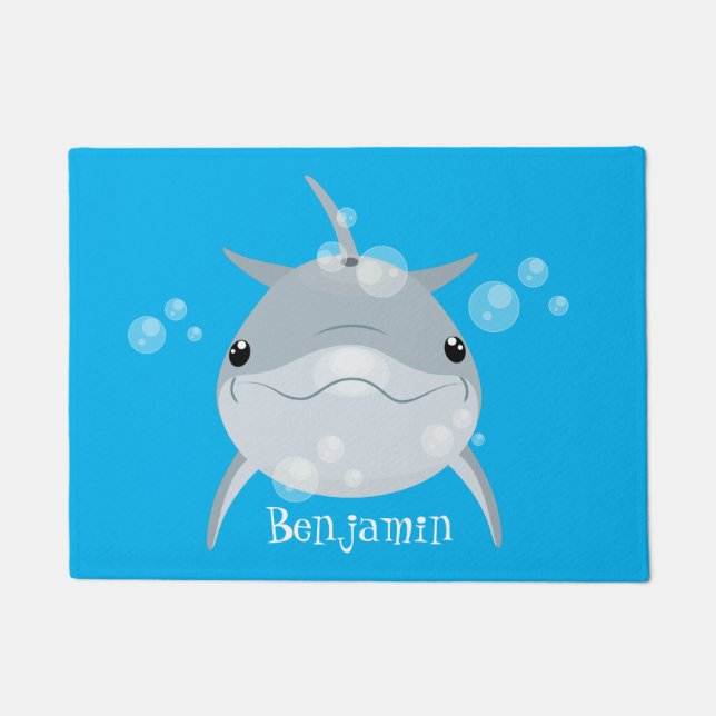Cute happy kawaii dolphin cartoon doormat (Front)