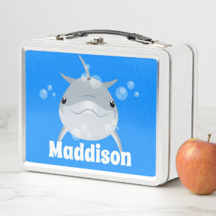 Cute happy kawaii dolphin cartoon illustration metal lunch box