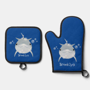 Cute happy kawaii dolphin cartoon oven mitt & pot holder set