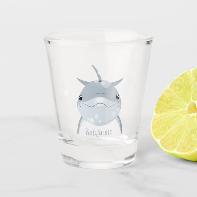 Cute happy kawaii dolphin cartoon shot glass (Front)