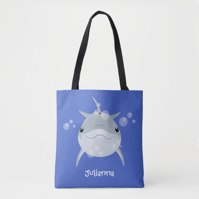 Cute happy kawaii dolphin cartoon tote bag (Front)