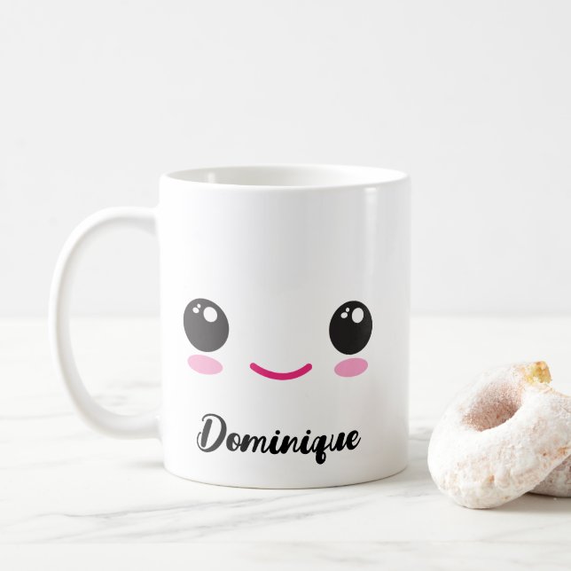 Cute Happy Kawaii Face - Customisable Name Mug (With Donut)
