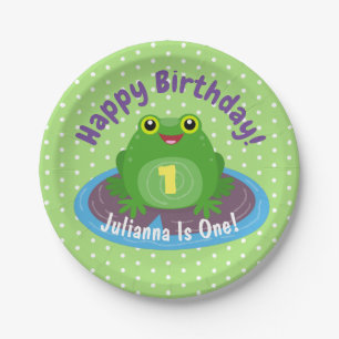 Cute happy kawaii green frog cartoon illustration paper plate