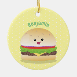 Cute happy kawaii hamburger cartoon ceramic ornament