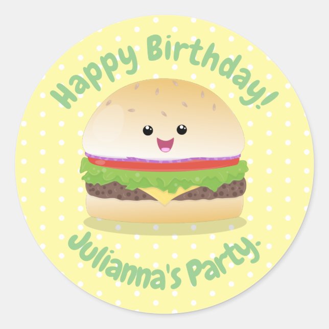 Cute happy kawaii hamburger cartoon classic round sticker (Front)