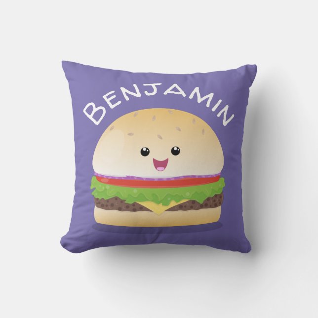 Cute happy kawaii hamburger cartoon cushion (Front)