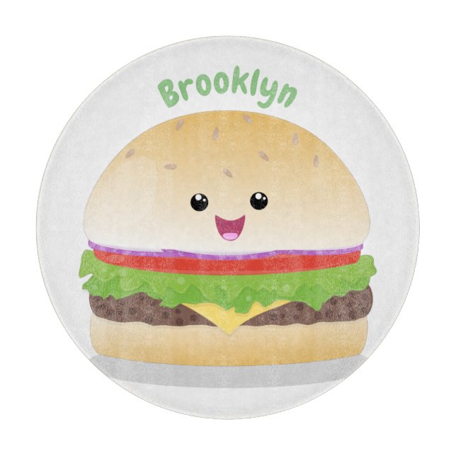 Cute happy kawaii hamburger cartoon cutting board (Front)