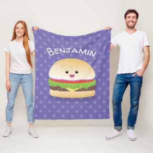 Cute happy kawaii hamburger cartoon fleece blanket