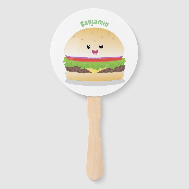Cute happy kawaii hamburger cartoon hand fan (Front)
