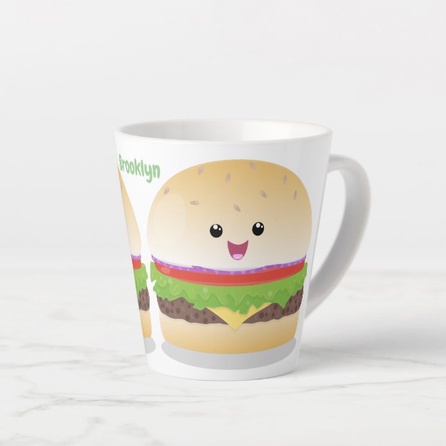 Cute happy kawaii hamburger cartoon latte mug (Right Angle)