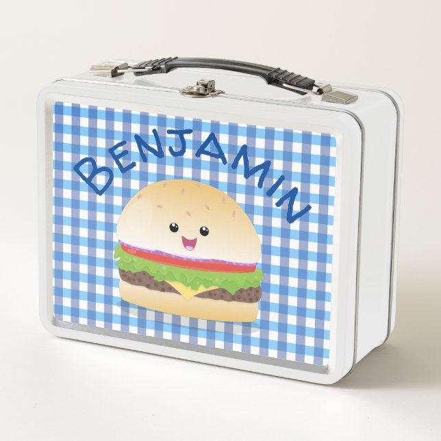 Cute happy kawaii hamburger cartoon metal lunch box (Front)