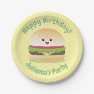 Cute happy kawaii hamburger cartoon paper plate
