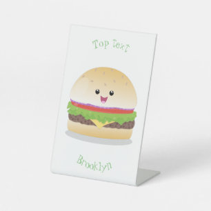 Cute happy kawaii hamburger cartoon pedestal sign