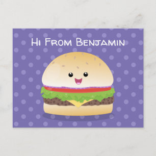Cute happy kawaii hamburger cartoon postcard