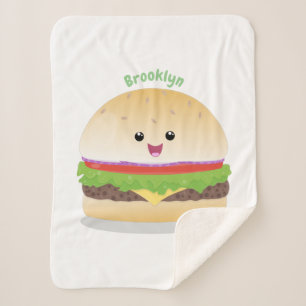 Cute happy kawaii hamburger cartoon sherpa blanket