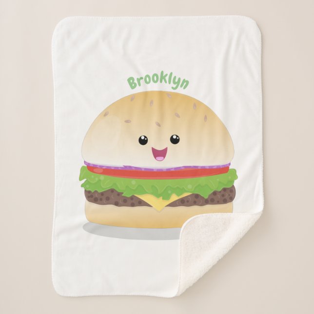 Cute happy kawaii hamburger cartoon sherpa blanket (Front)