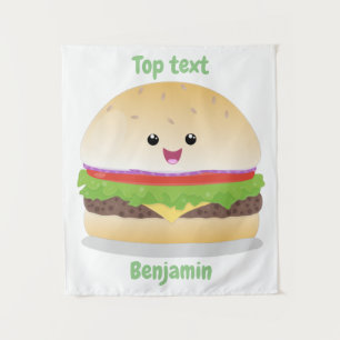 Cute happy kawaii hamburger cartoon tapestry