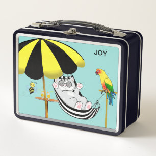 Cute Happy Kitty Cat. Bee & Parrot Metal Lunch Box