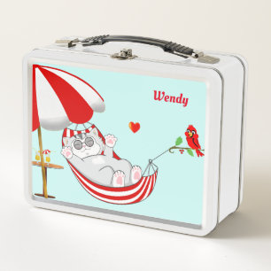 Cute Happy Kitty Cat, Heart & Red Little Bird Metal Lunch Box