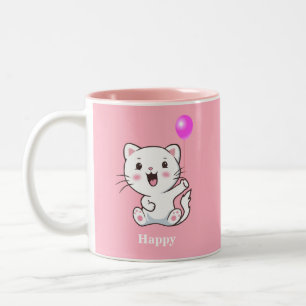 Cute happy kitty cat holding a balloon on Pink Two Two-Tone Coffee Mug