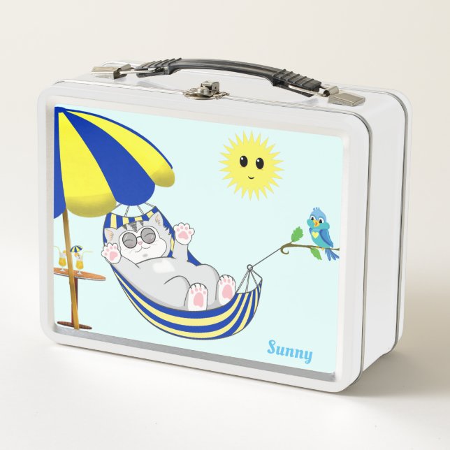 Cute Happy Kitty Cat, Sun & Blue Little Bird  Metal Lunch Box (Front)