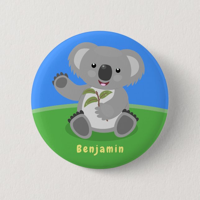 Cute happy koala waving cartoon illustration 6 cm round badge (Front)