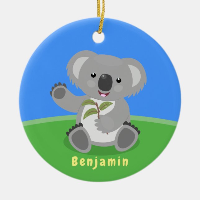 Cute happy koala waving cartoon illustration ceramic ornament (Front)