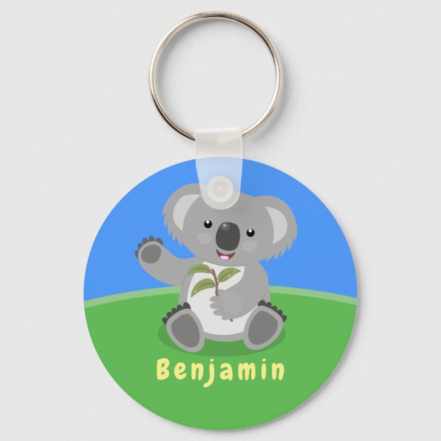 Cute happy koala waving cartoon illustration key ring (Front)