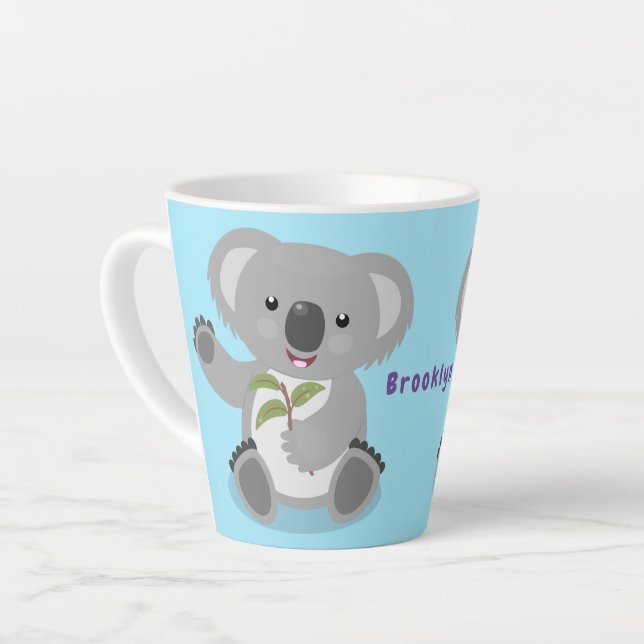 Cute happy koala waving cartoon illustration latte mug (Left Angle)