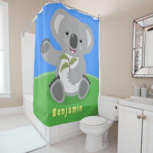 Cute happy koala waving cartoon illustration shower curtain