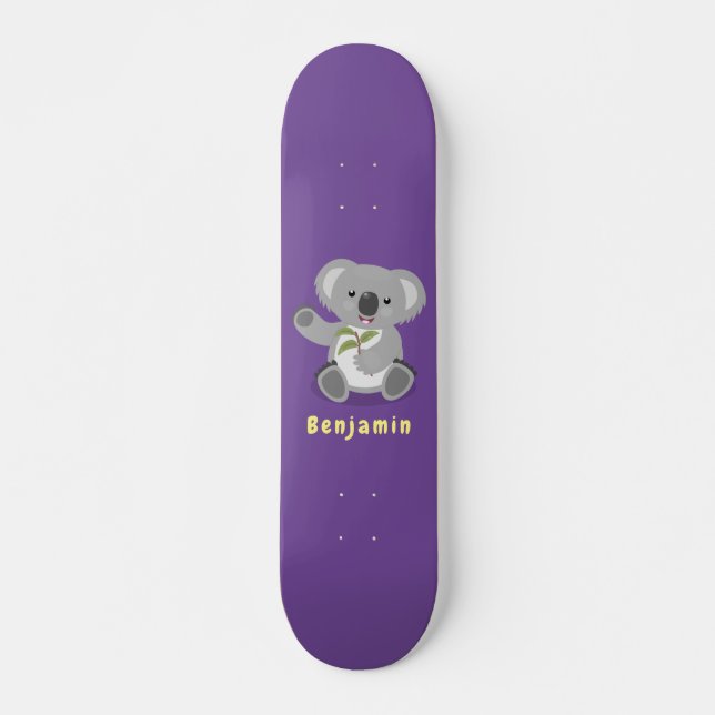 Cute happy koala waving cartoon illustration skateboard (Front)