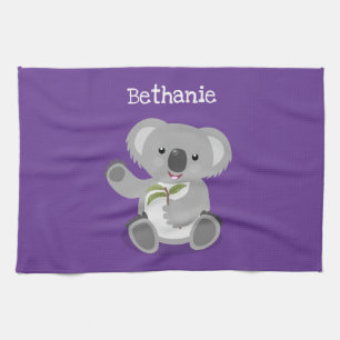 Cute happy koala waving cartoon illustration tea towel