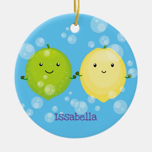 Cute happy lemon lime cartoon illustration ceramic ornament (Front)