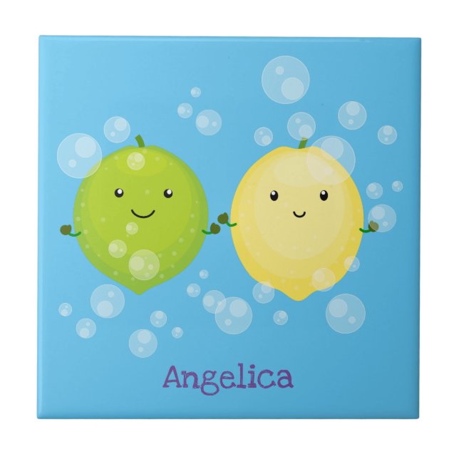 Cute happy lemon lime cartoon illustration ceramic tile (Front)