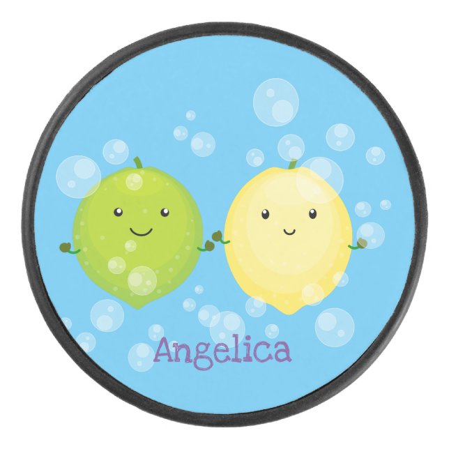 Cute happy lemon lime cartoon illustration hockey puck (Front)