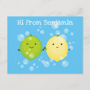 Cute happy lemon lime cartoon illustration postcard