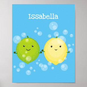 Cute happy lemon lime cartoon illustration poster