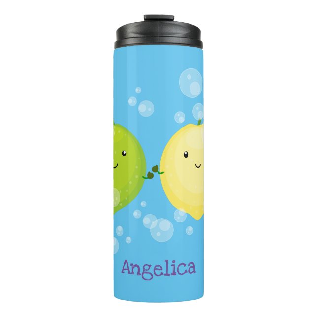 Cute happy lemon lime cartoon illustration thermal tumbler (Front)
