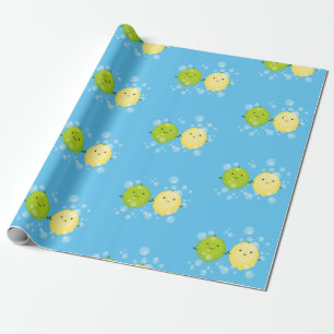 Cute happy lemon lime cartoon illustration wrapping paper