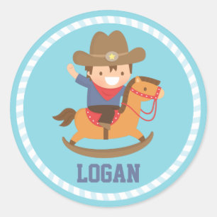 Cute Happy Little Cowboy on Rocking Horse Classic Round Sticker