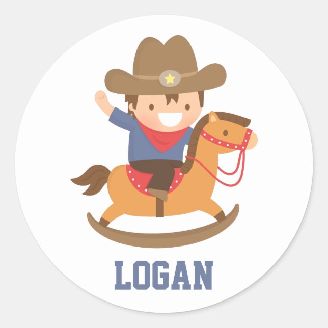 Cute Happy Little Cowboy on Rocking Horse Classic Round Sticker (Front)