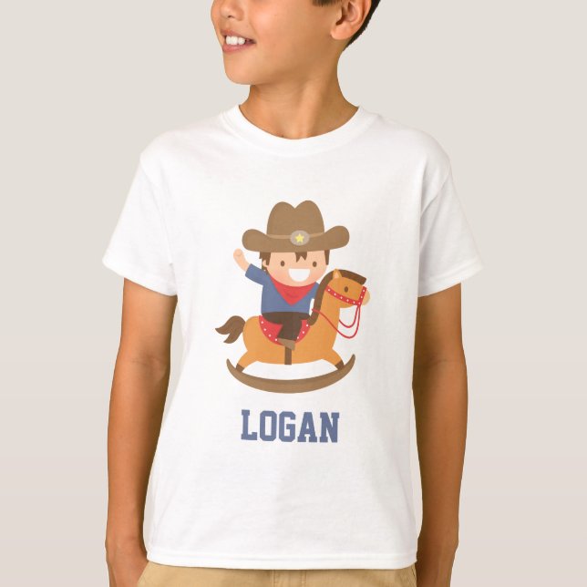 Cute Happy Little Cowboy on Rocking Horse T-Shirt (Front)