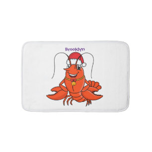 Cute happy lobster wearing Christmas hat cartoon Bath Mat
