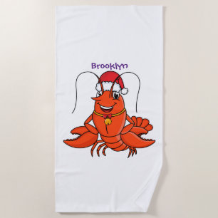 Cute happy lobster wearing Christmas hat cartoon Beach Towel