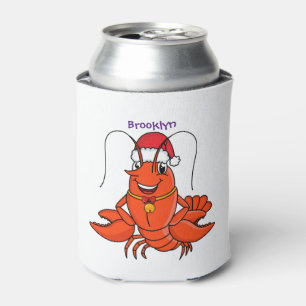 Cute happy lobster wearing Christmas hat cartoon Can Cooler