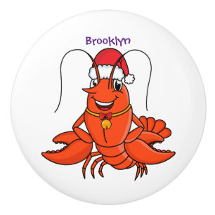 Cute happy lobster wearing Christmas hat cartoon Ceramic Knob
